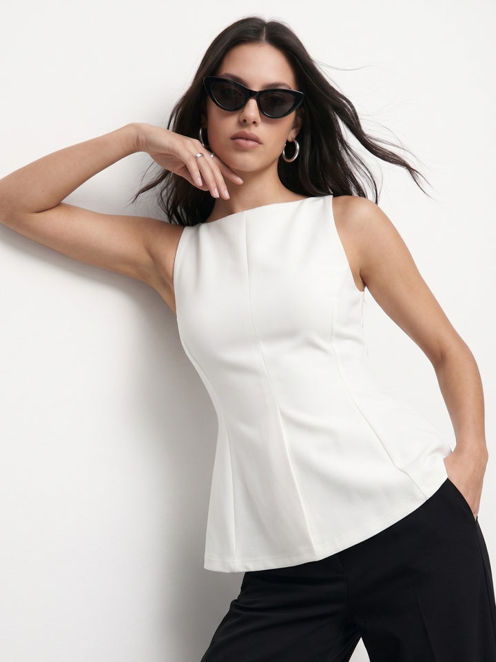 White High Boat Neck Top With Back Bow Detail