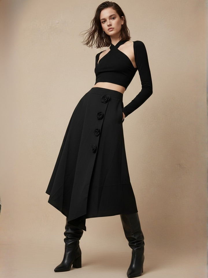Black High Waist Floral Trimmed Skirt