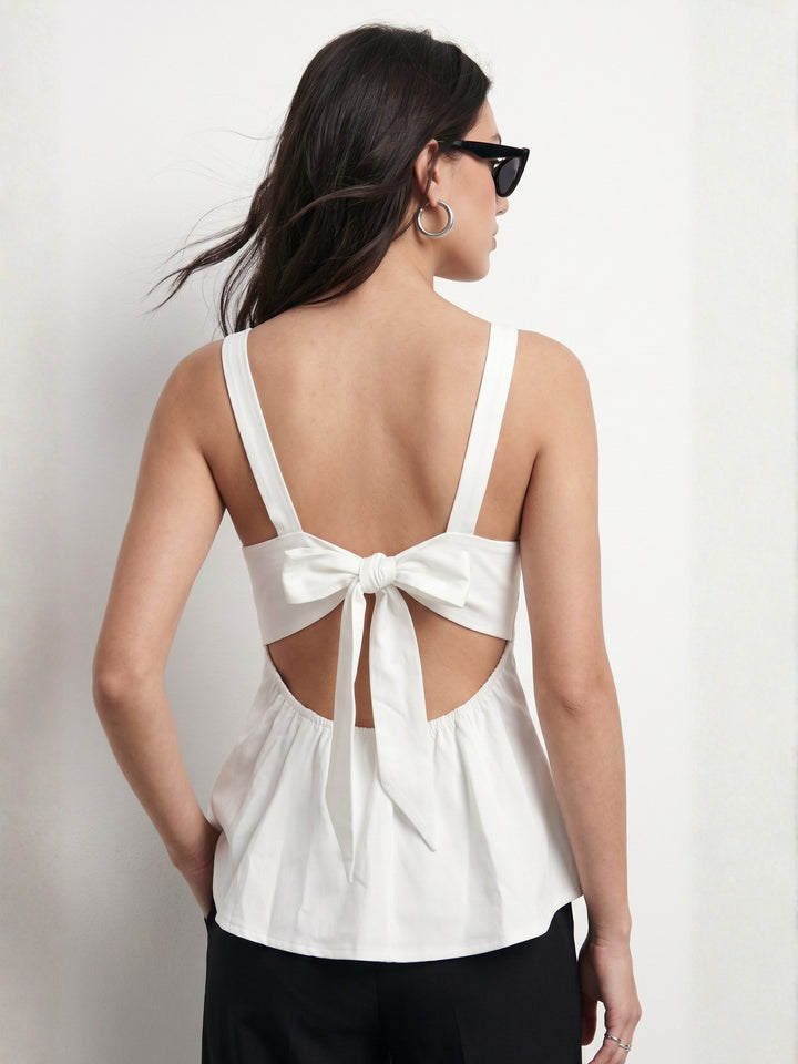 White High Boat Neck Top With Back Bow Detail