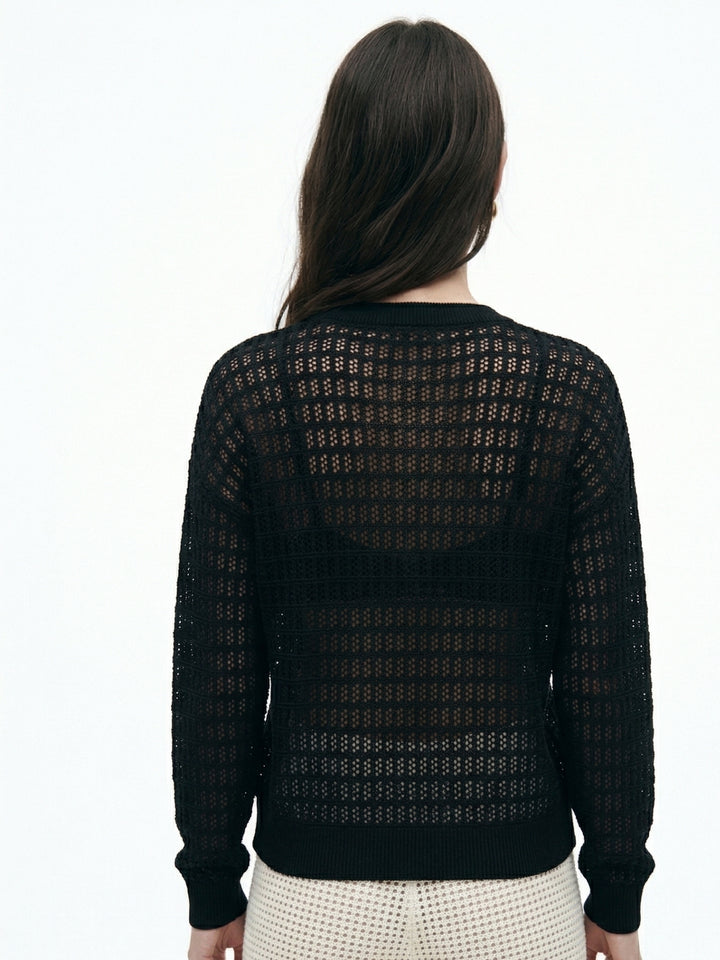 Black Textured Knit Crew Neck Top