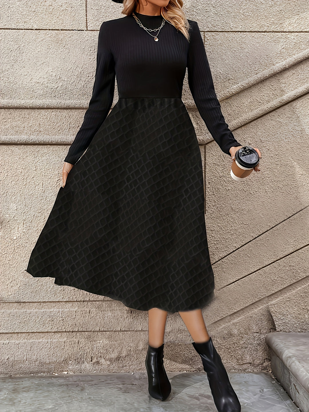 Black Textured Ribbed Dress