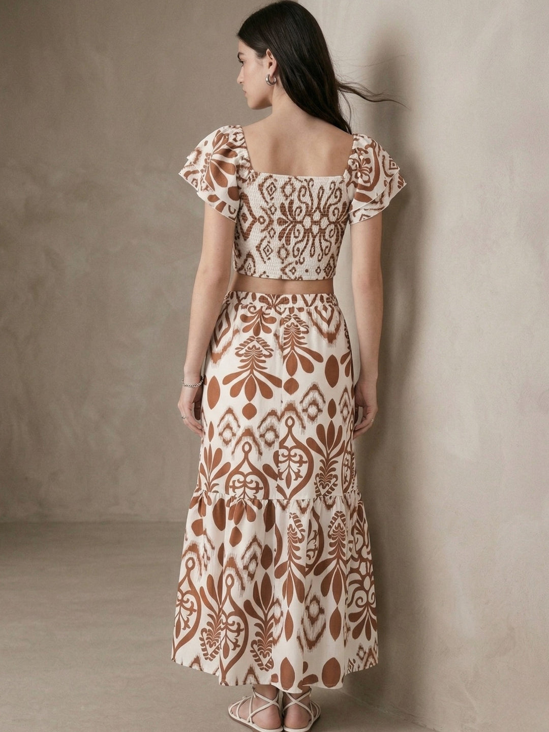 Brown Abstract Printed Top And Skirt Co-Ord Set