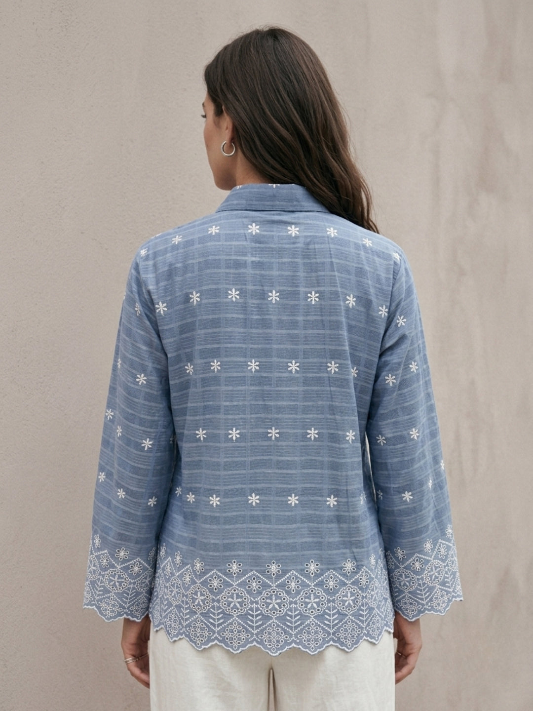 Blue Cotton Schiffli Embroidered Scalloped Shirt