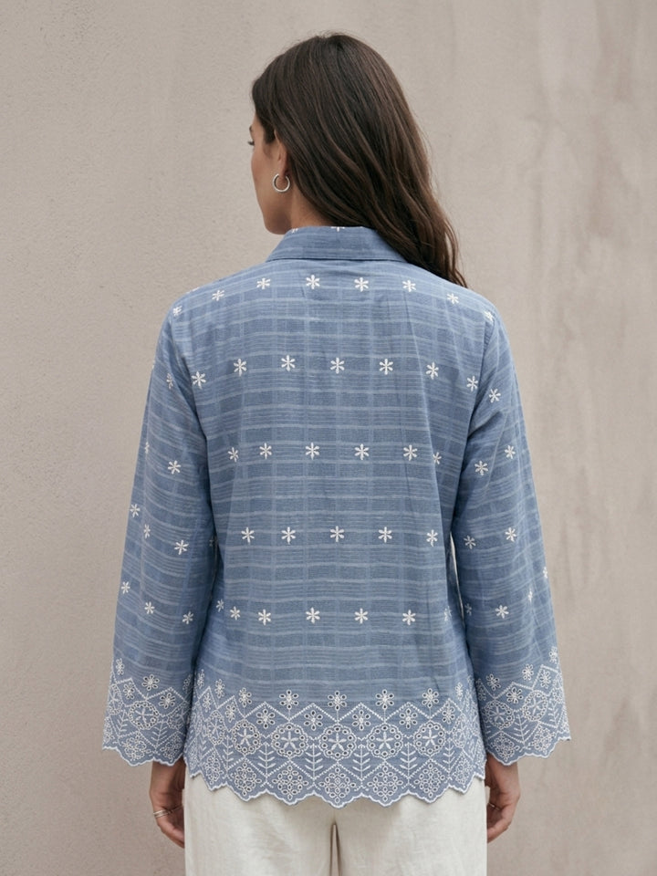 Blue Cotton Schiffli Embroidered Scalloped Shirt