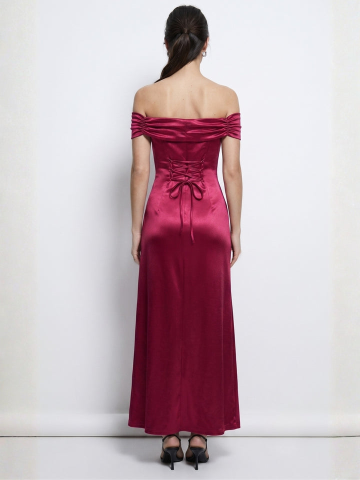 Burgundy Off-Shoulder Fitted Maxi