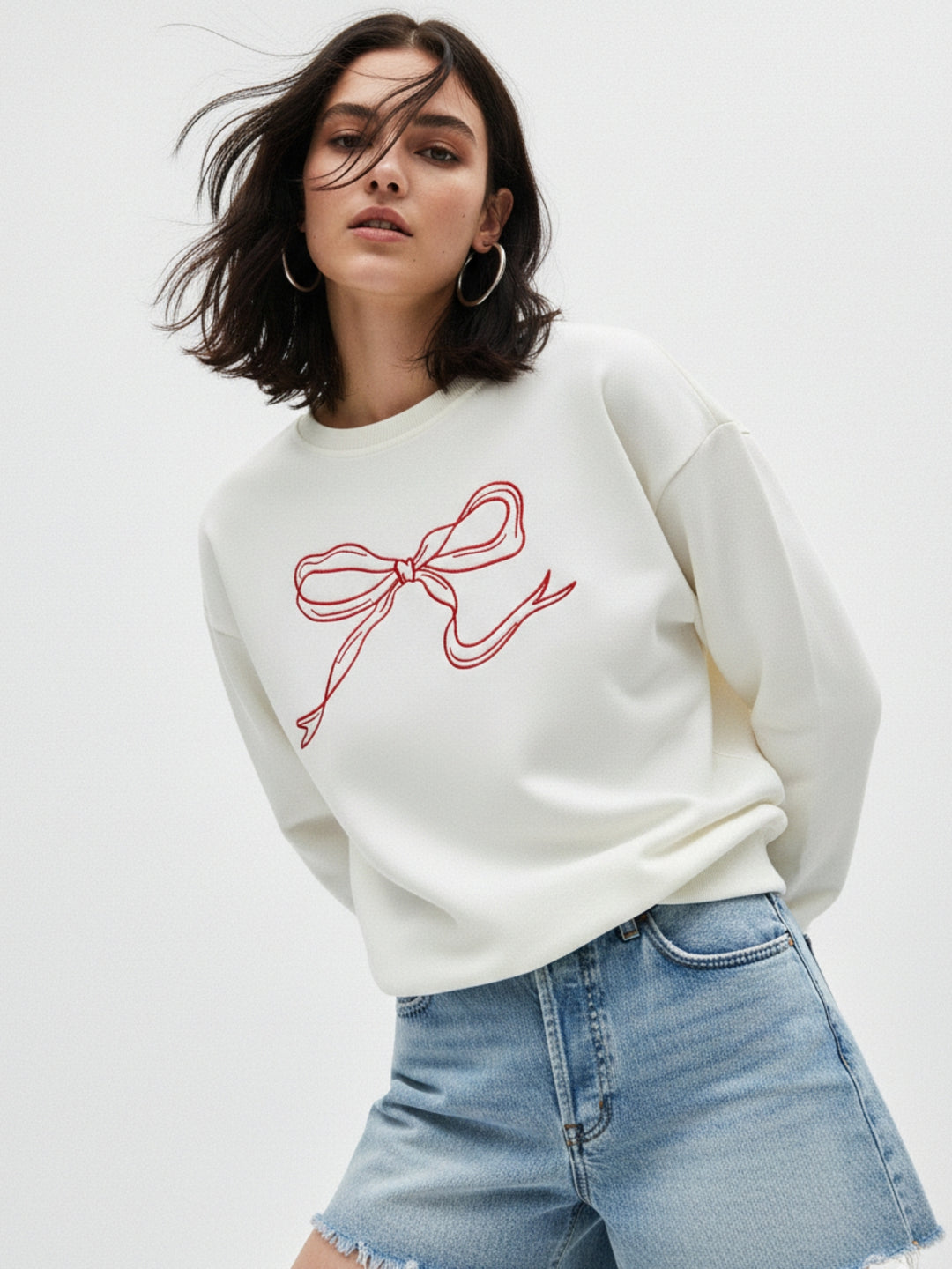 Cream Bow Printed Sweatshirt