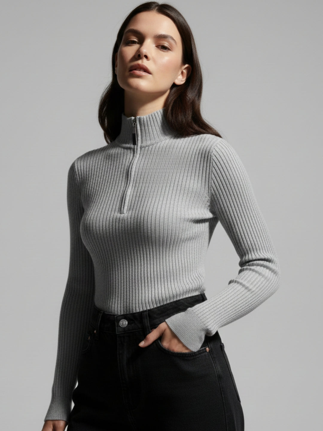Grey Full Sleeve Half Zipped Sweatshirt