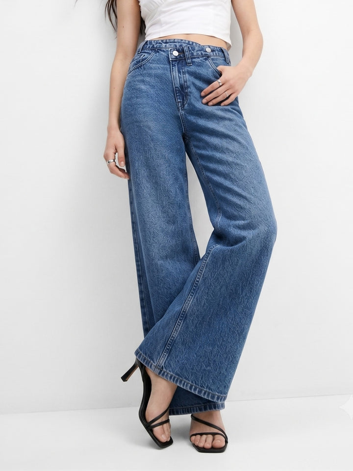 Blue High-Rise Asymmetric Waist Wide Jeans