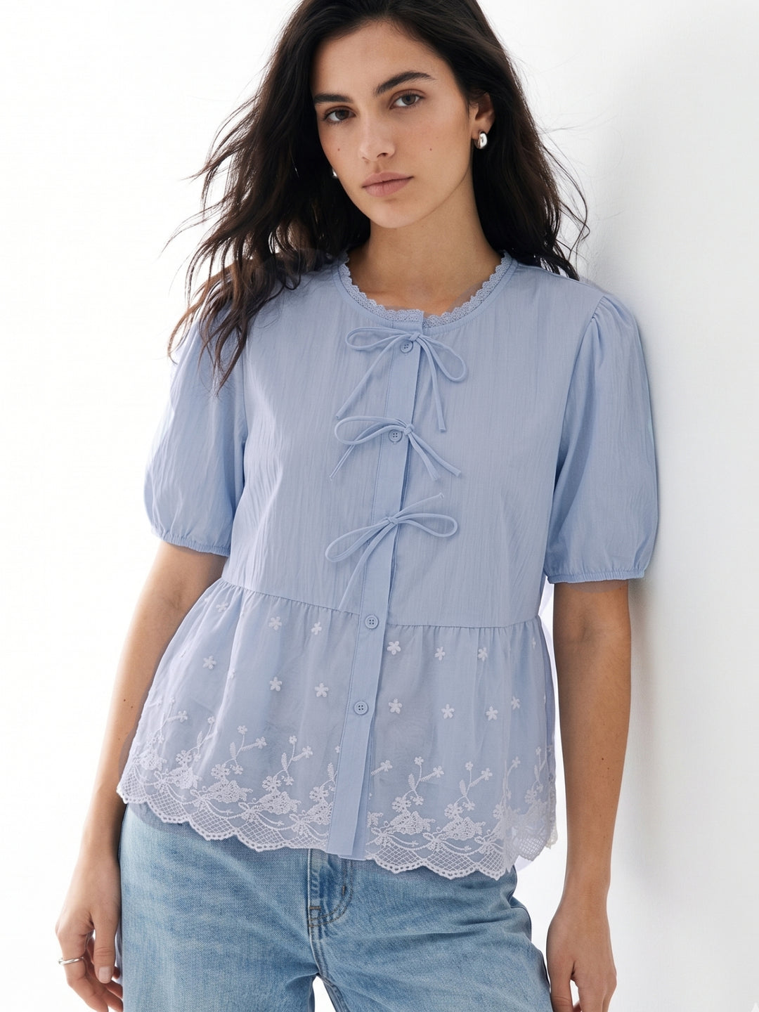 Light Blue Front Tie-Up Scallop Hem Top