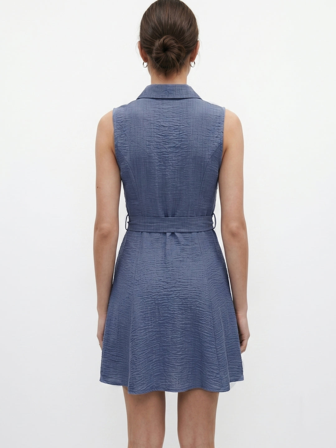 Blue Waist Tie-Up Collared Dress