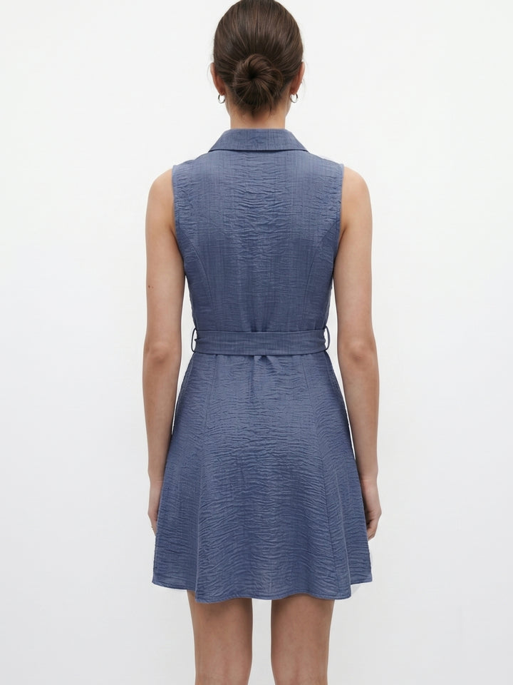 Blue Waist Tie-Up Collared Dress