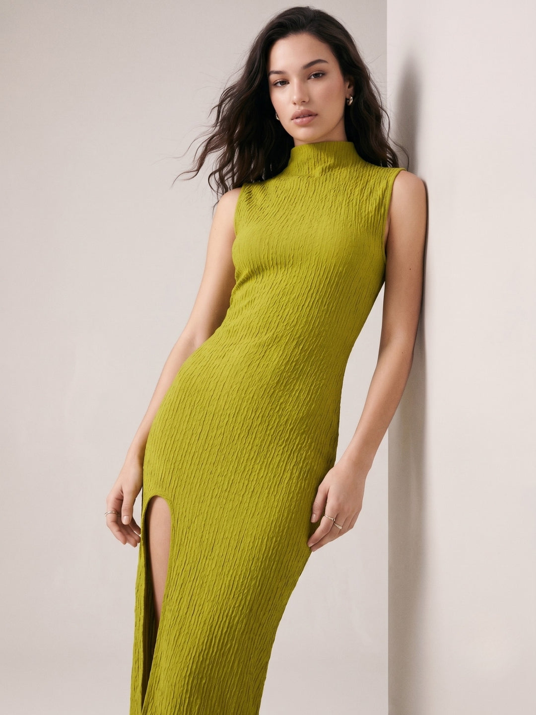 Green High Neck Fitted Dress With Thigh High Slit