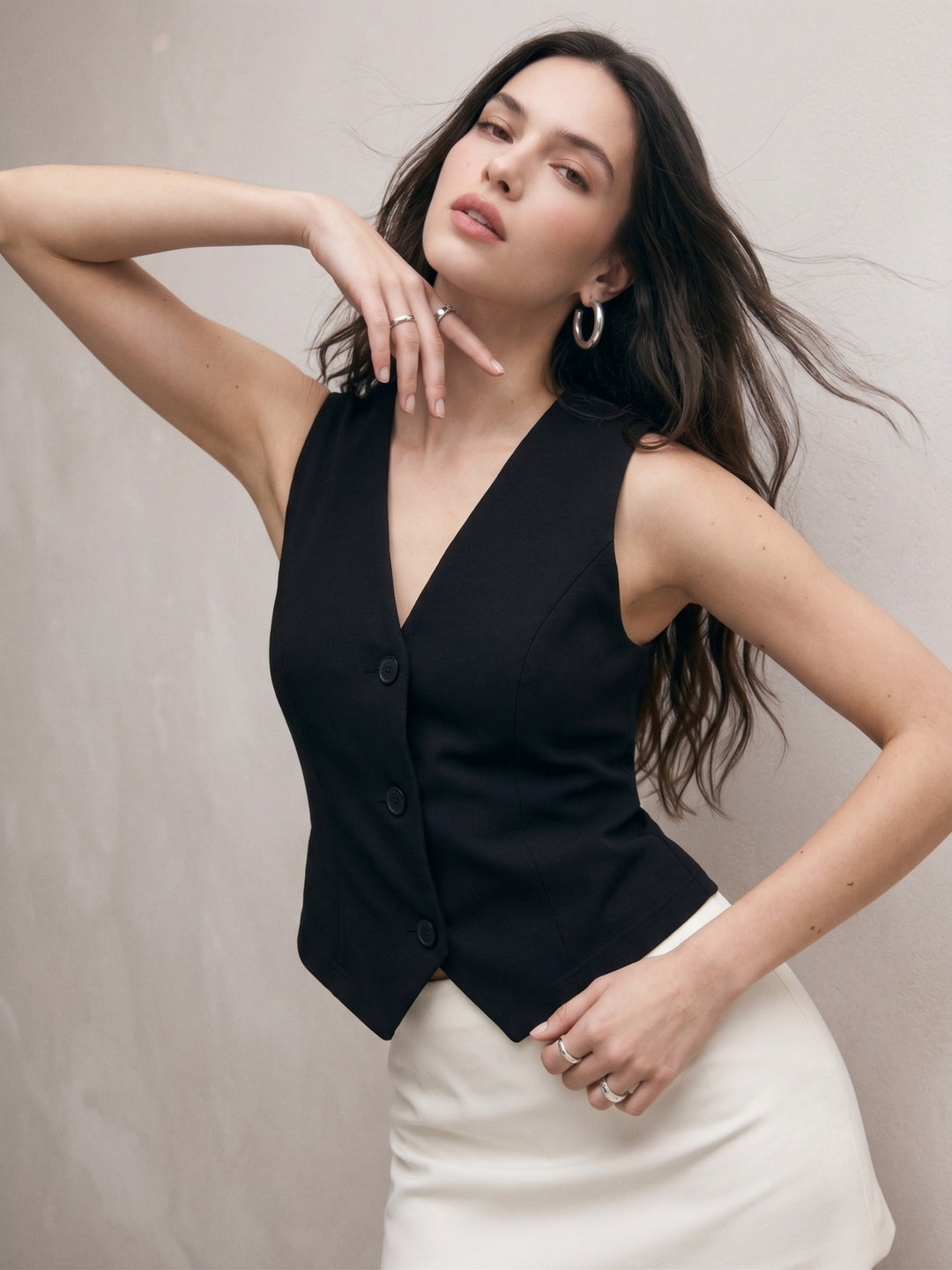Black Button Down V Neck Vest Top