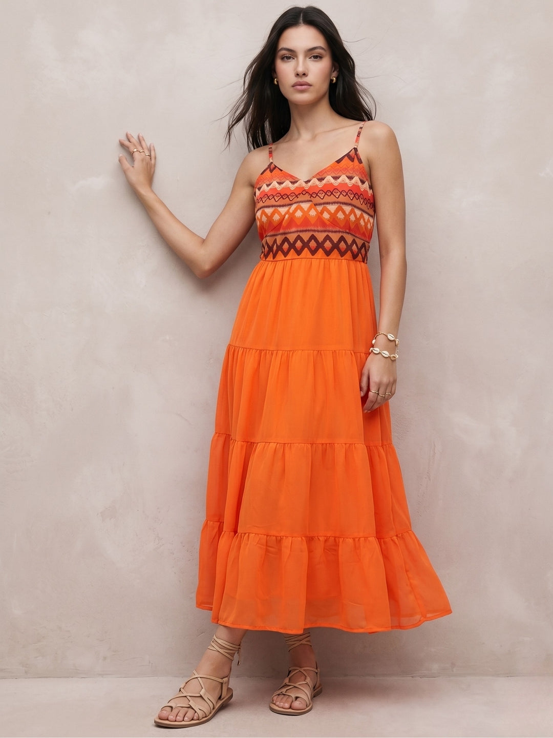 Orange Shoulder Strap Back Bow Tiered Dress