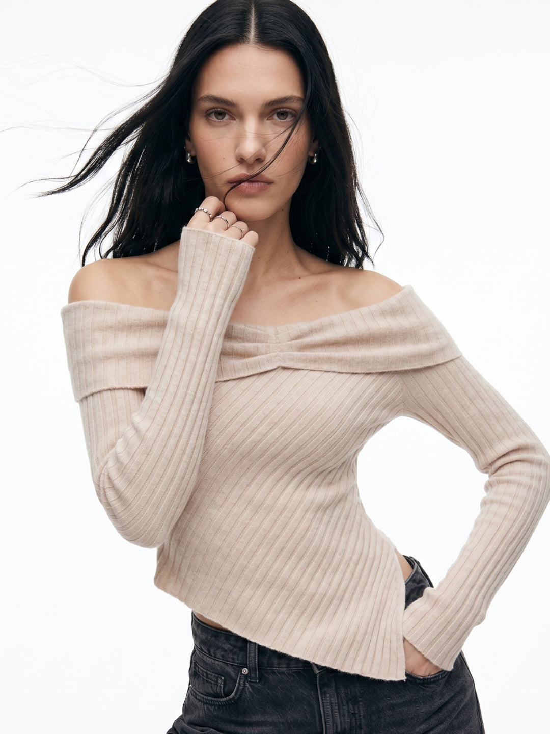 Beige Off-Shoulder Fitted Textured Top With Asymmetric Hem