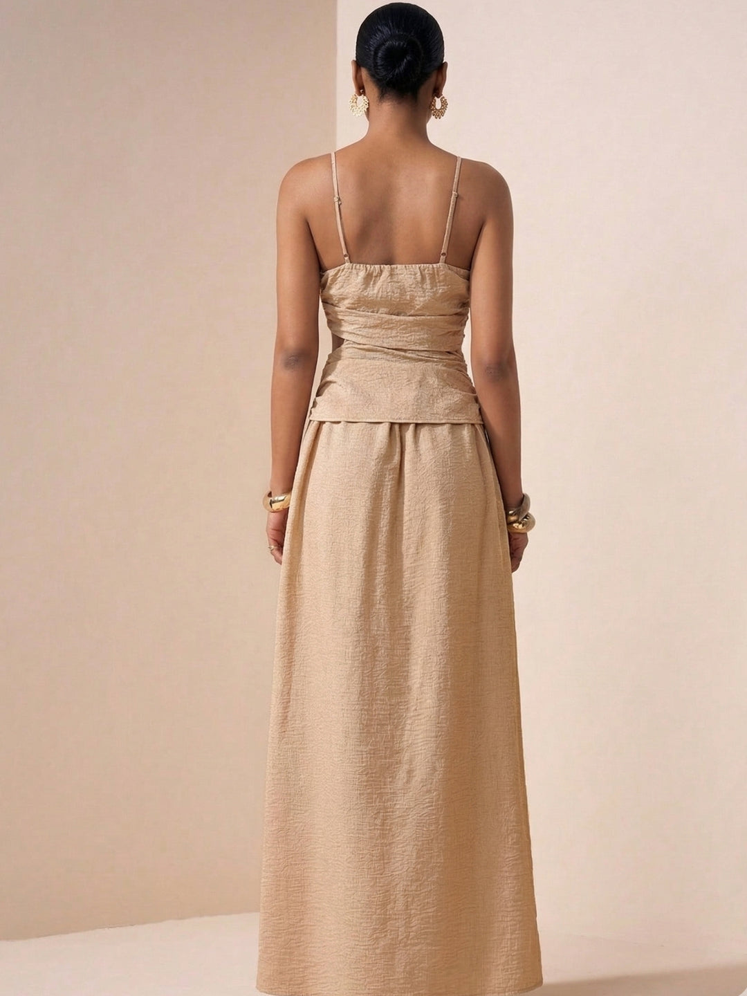 Beige Spaghetti Strap Waist Detail Slit Dress