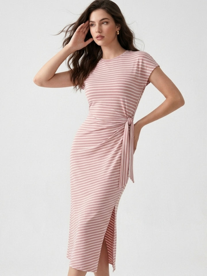 Pink Waist Wrap Striped Dress