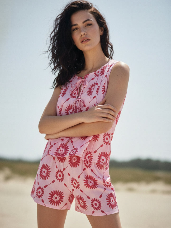 Red Front Tie-Up Peplum Style Top And Short Set
