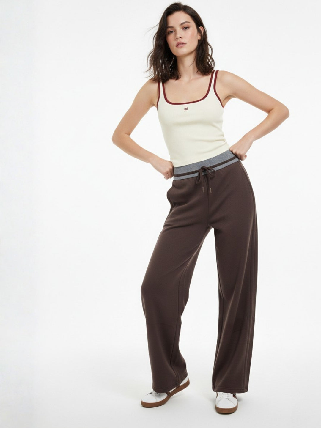 Brown Contrast Waist Wide Leg Pant