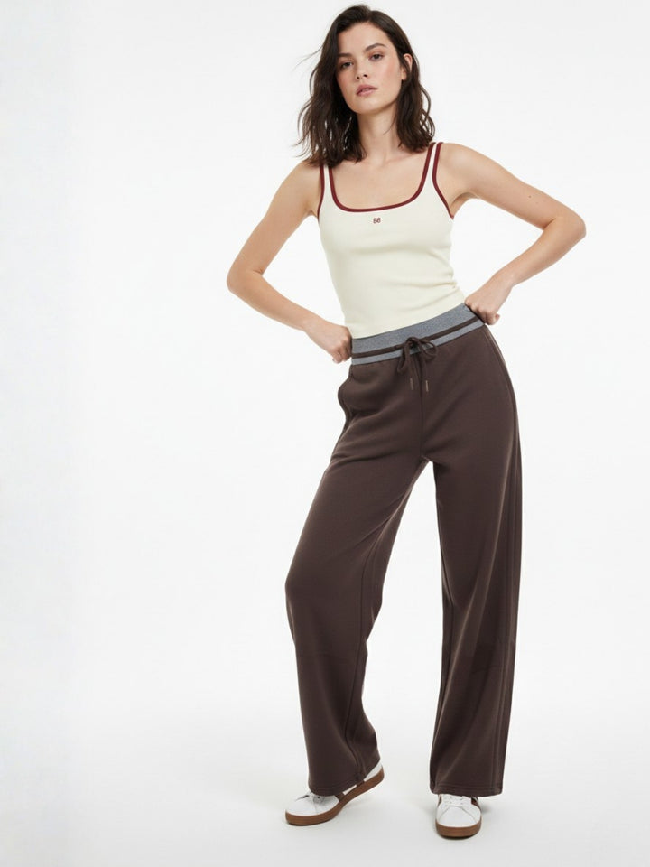 Brown Contrast Waist Wide Leg Pant
