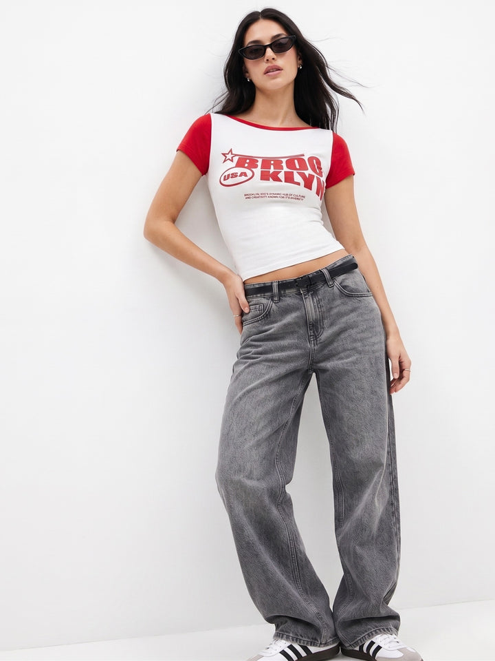 White Contrast Boat Neck Graphic Printed T-Shirt