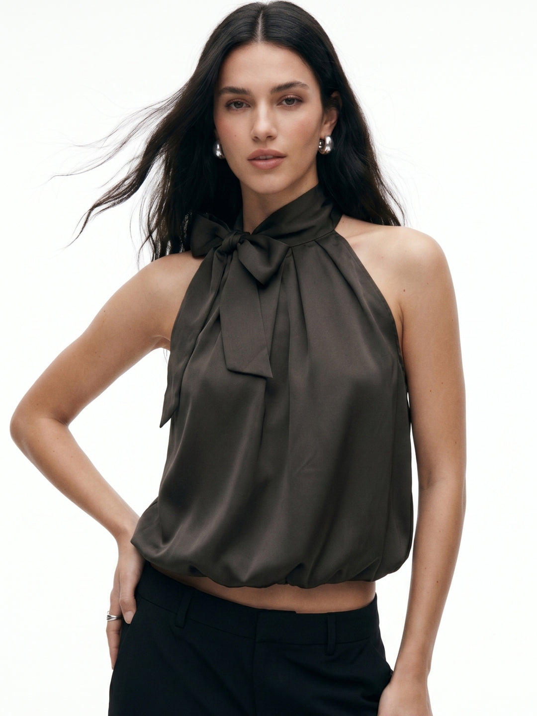Charcoal Neck Tie-Up Bubble Hem Top