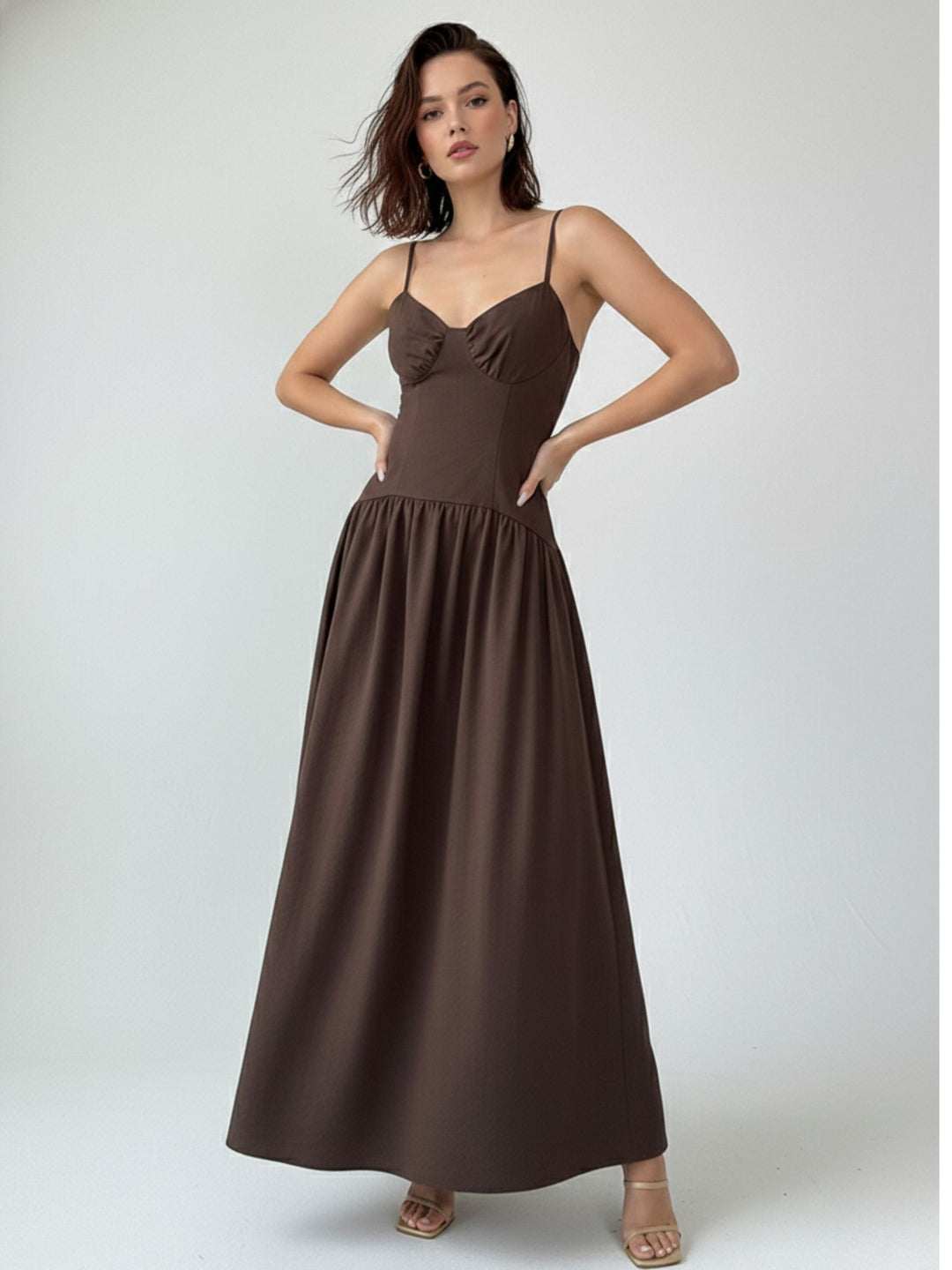 Brown Spaghetti Strap Drop Waist Dress
