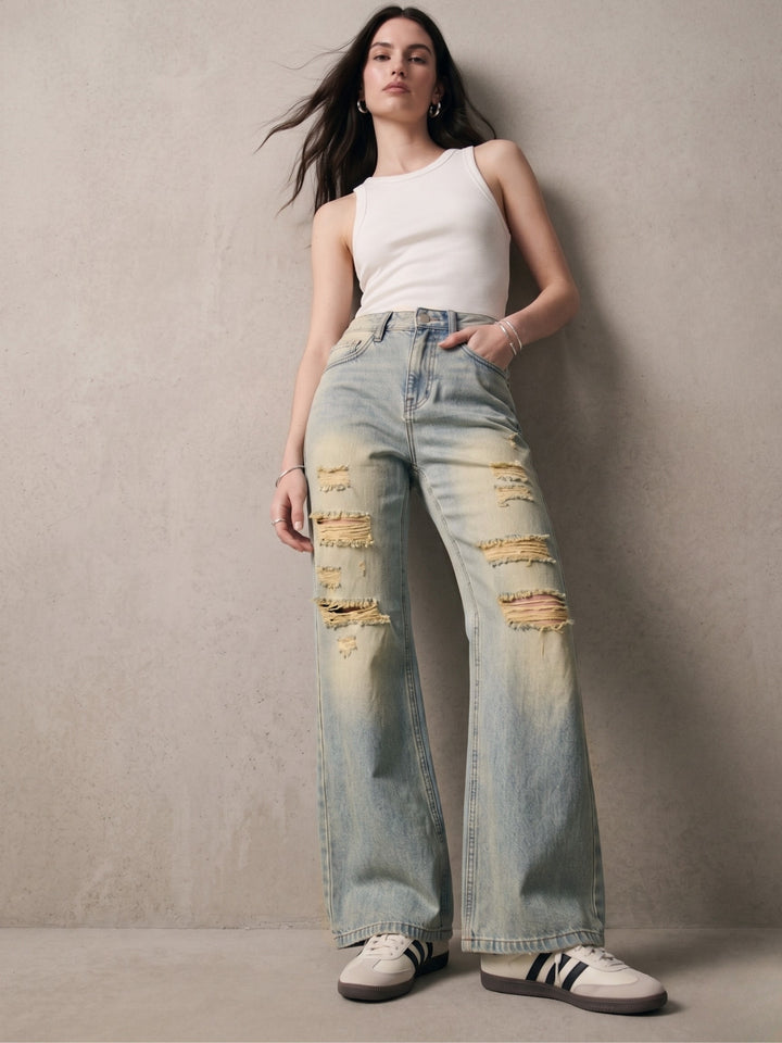 Blue Distressed Washed Out Straight Fit Jeans