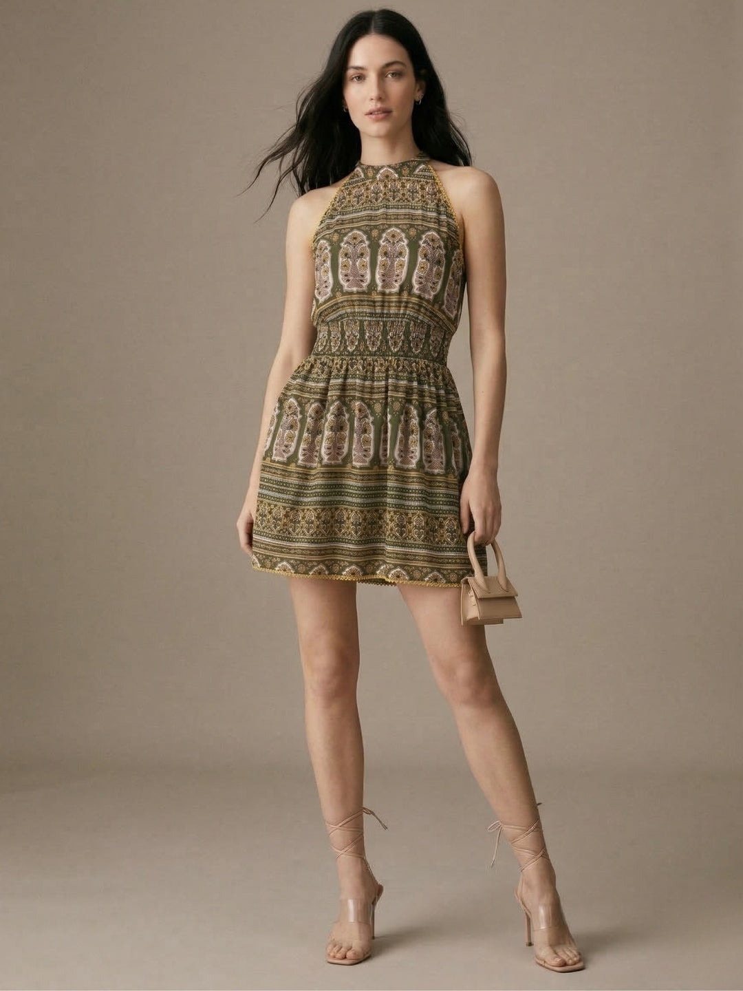 Green Sleeveless Printed Halter Mini Dress