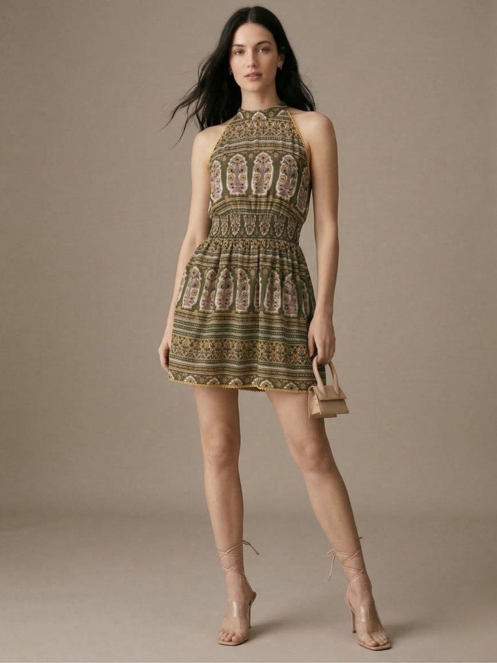Green Sleeveless Printed Halter Mini Dress