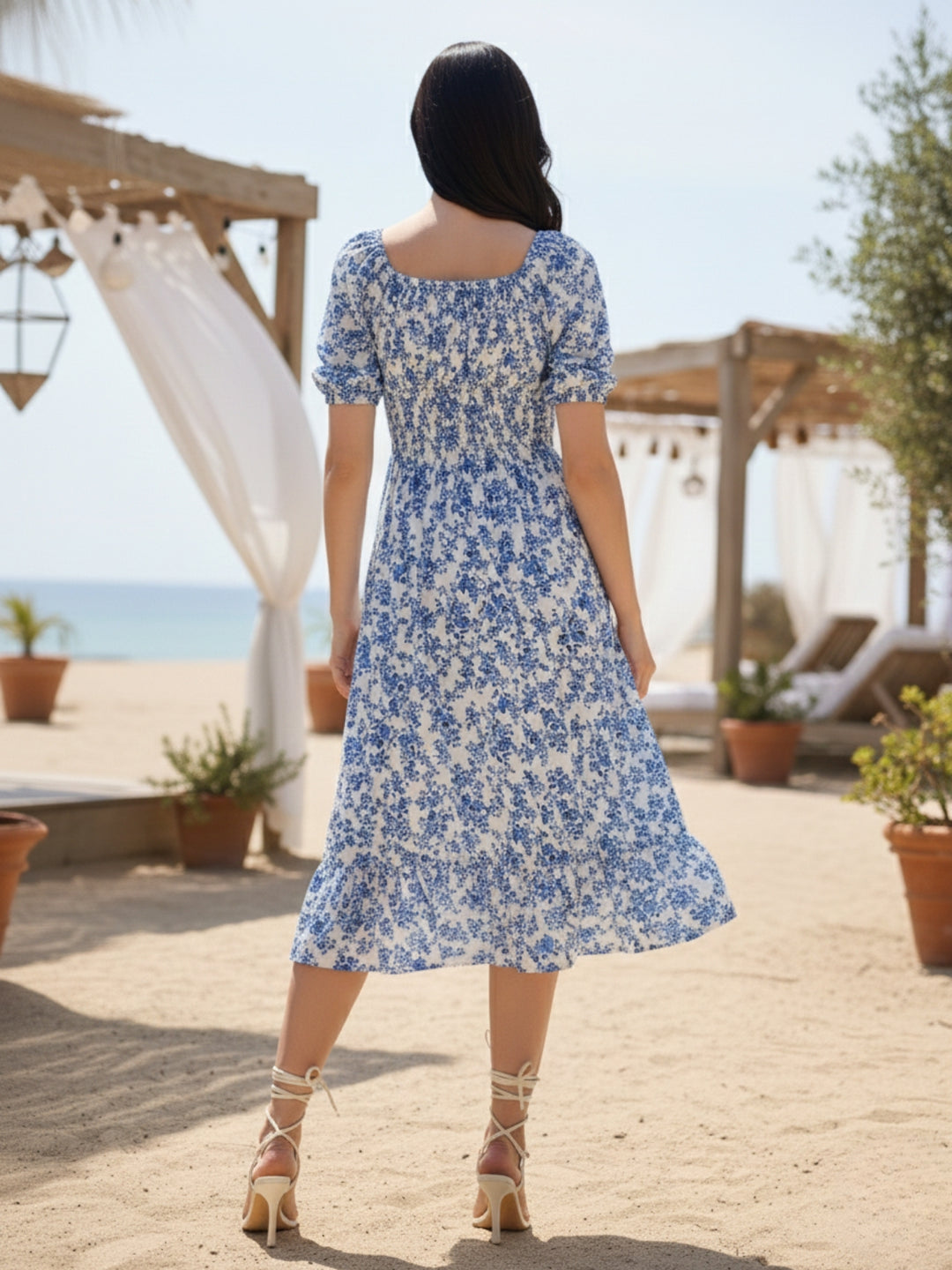 Blue Square Neck Printed Dress