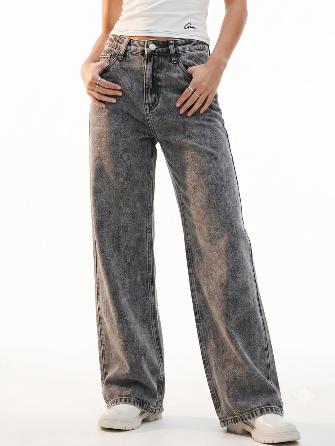 Black Acid Wash Wide Leg Denim Jeans