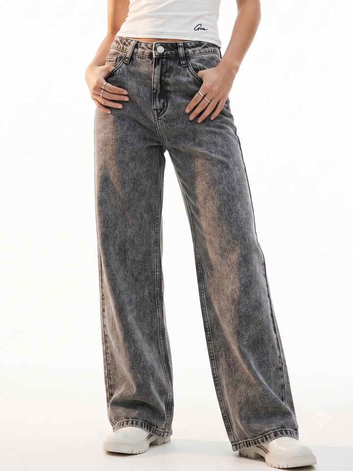 Black Acid Wash Wide Leg Denim Jeans
