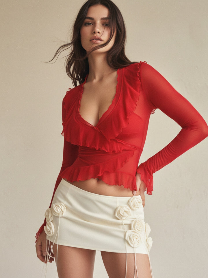Red Ruffle Detail Full Sleeve Top