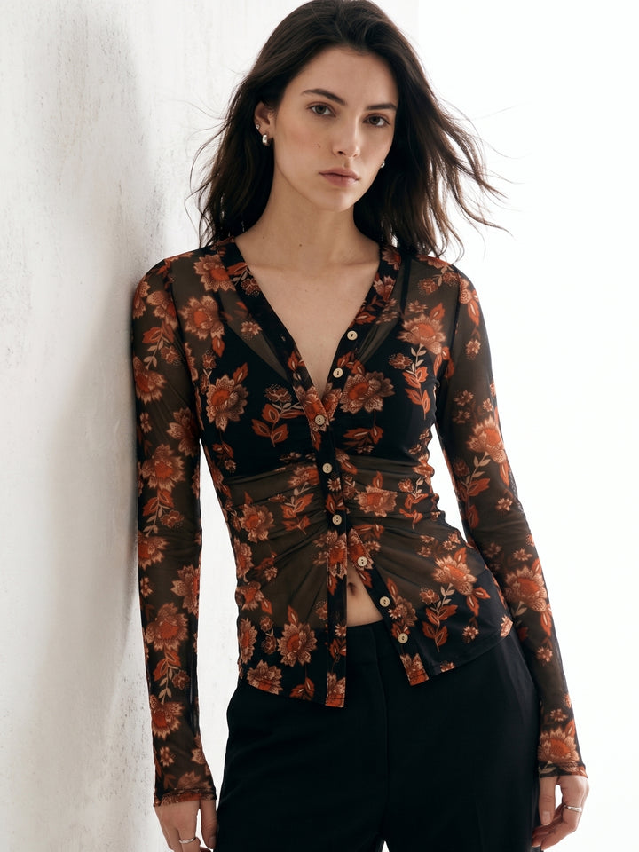 Multi Front Buttoned Floral Printed Mesh Top