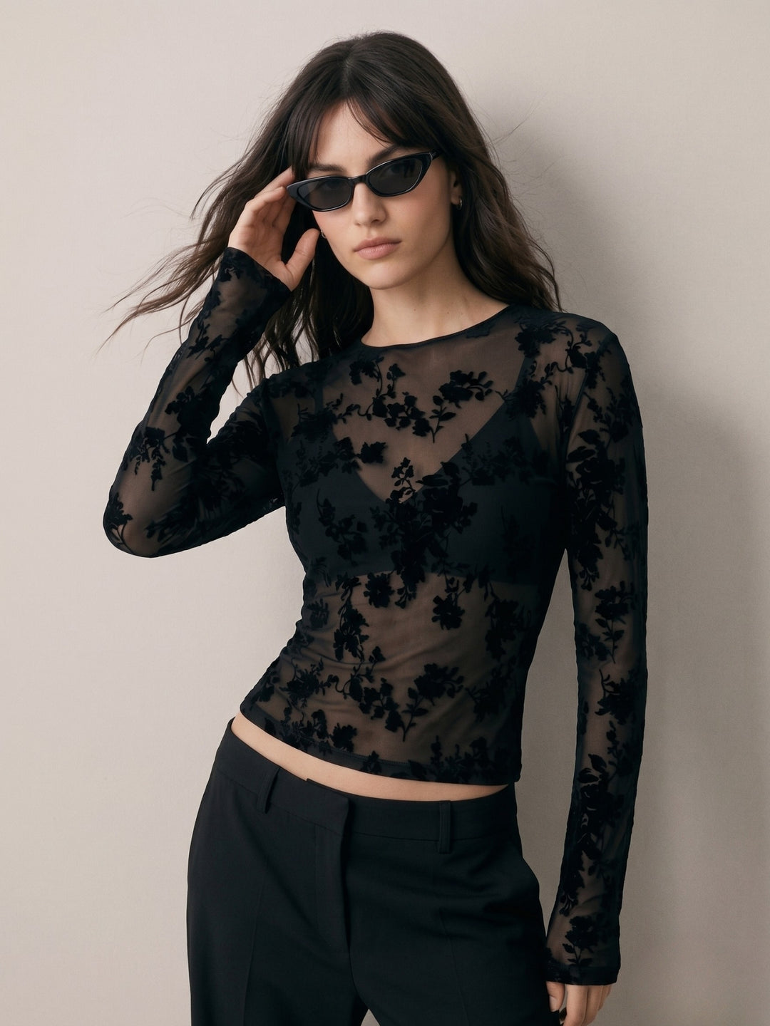 Black Full Sleeve High Neck Mesh Top