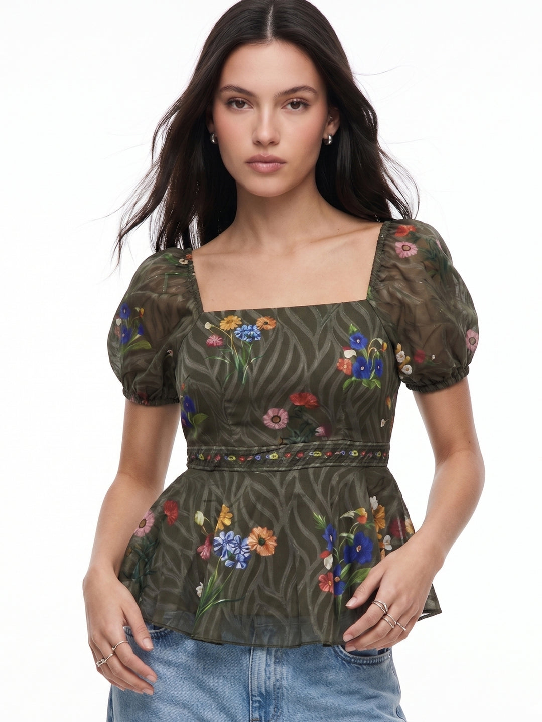 Olive Puff Sleeve Flared Top