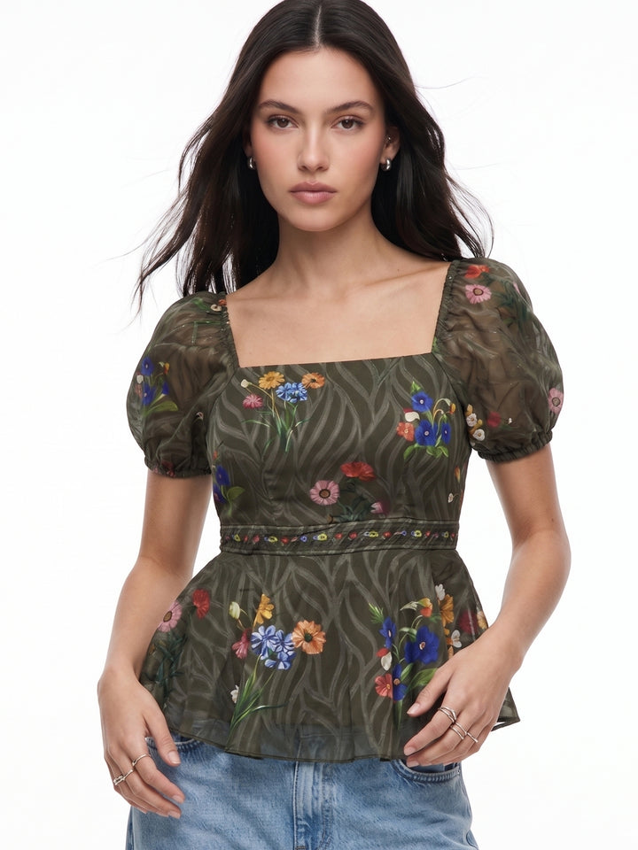 Olive Puff Sleeve Flared Top