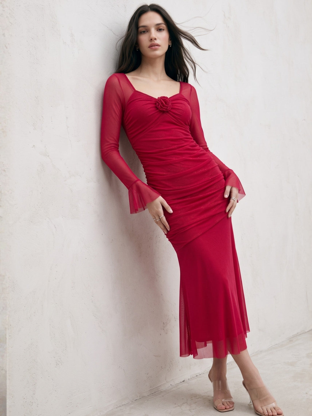Red Bell Sleeve  Bodycon Dress