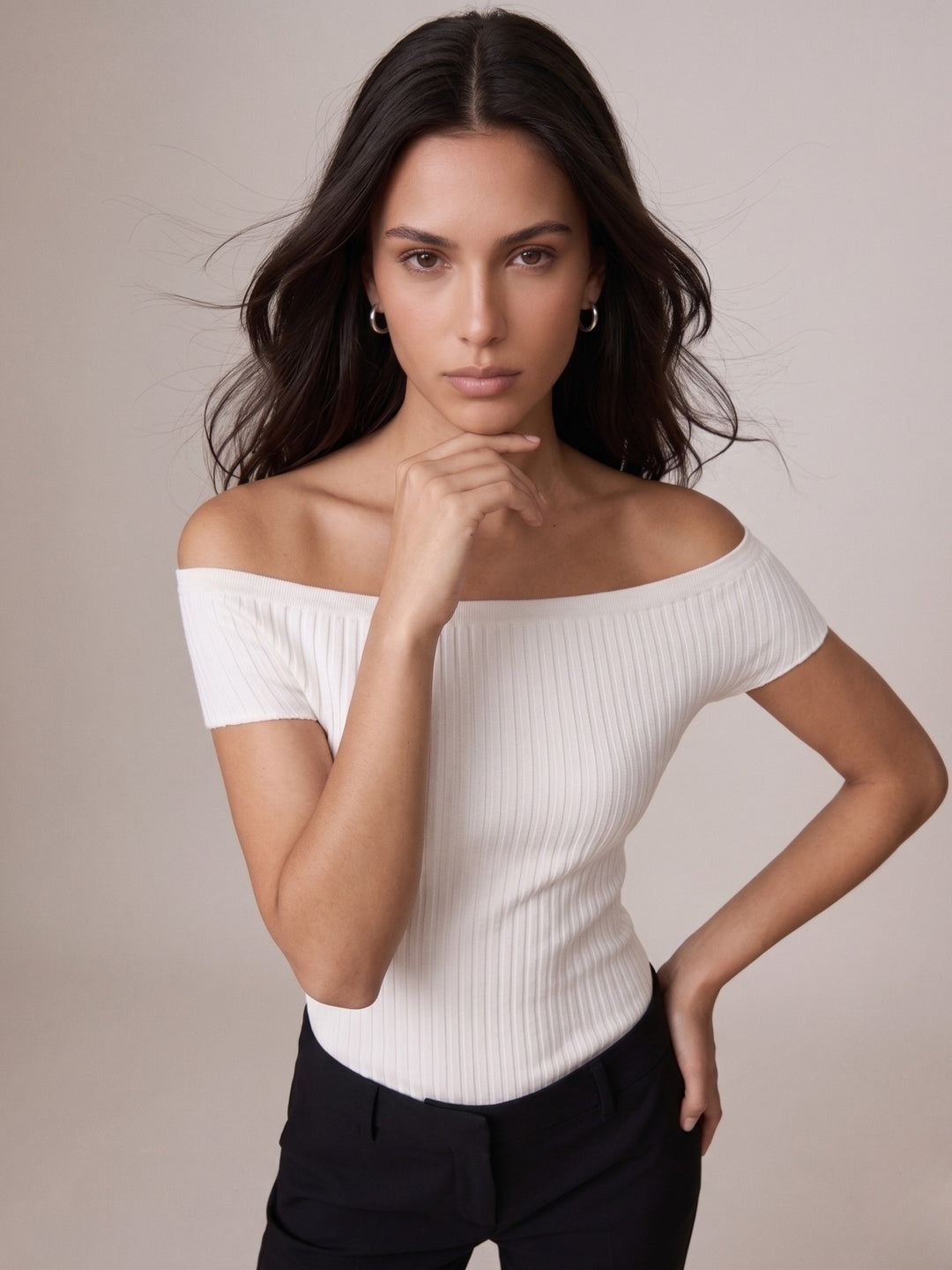 Off White Off-Shoulder Fitted Rib Textured Top