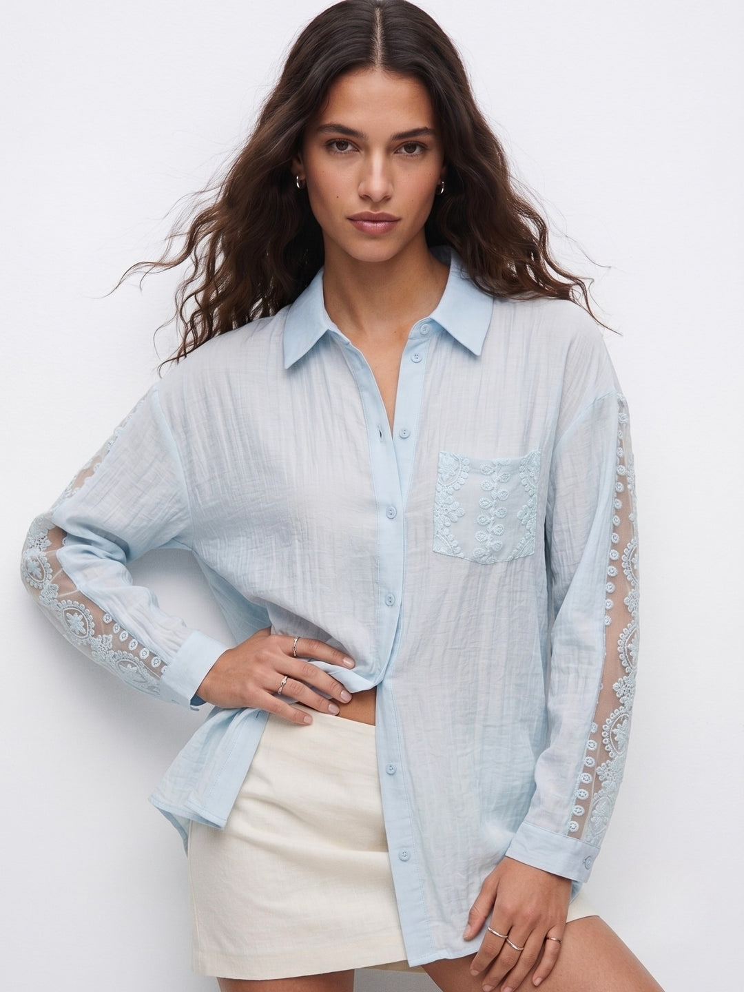 Blue Lace Patch Oversized Shirt