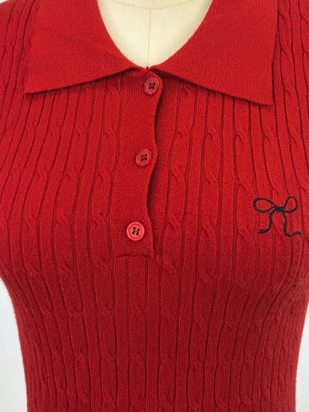 Red Cable Textured Polo Top With Bow Embroidery