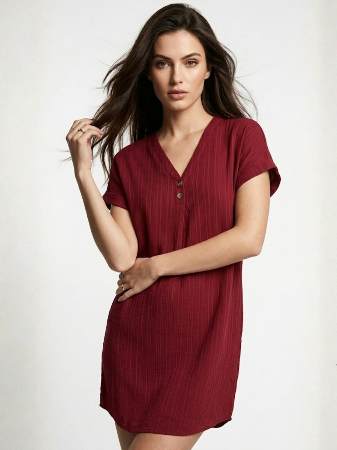 Maroon Short Sleeve A-Line Dress