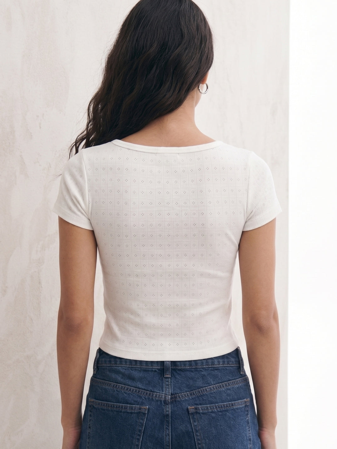 White Half Sleevd Button Knit Top