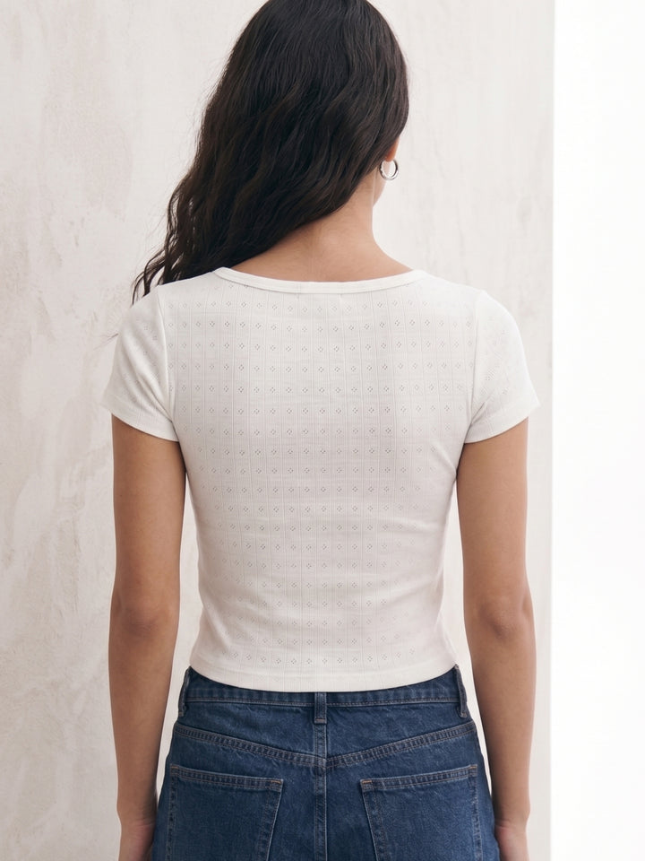 White Half Sleevd Button Knit Top