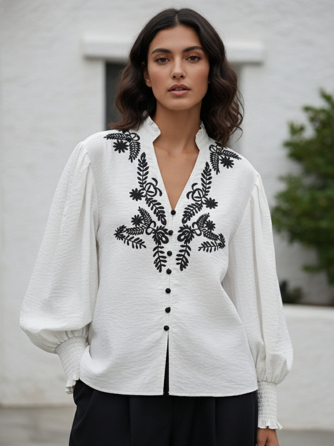 White Bishop Sleeve V Neck Embroidered Top