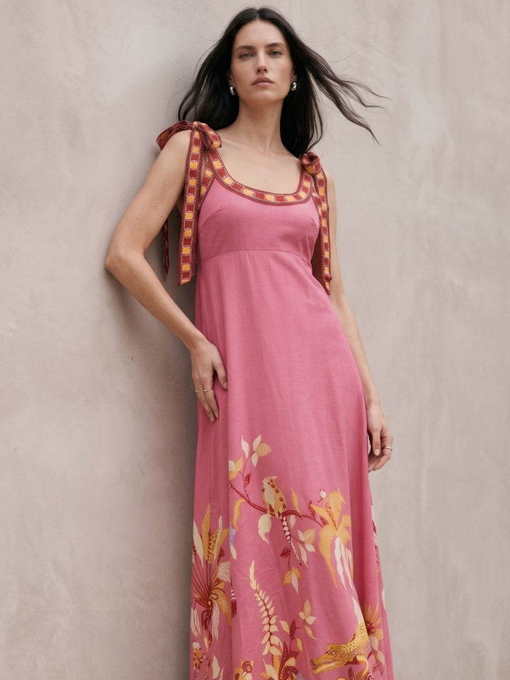 Pink Shoulder Tie-Up Printed Dress
