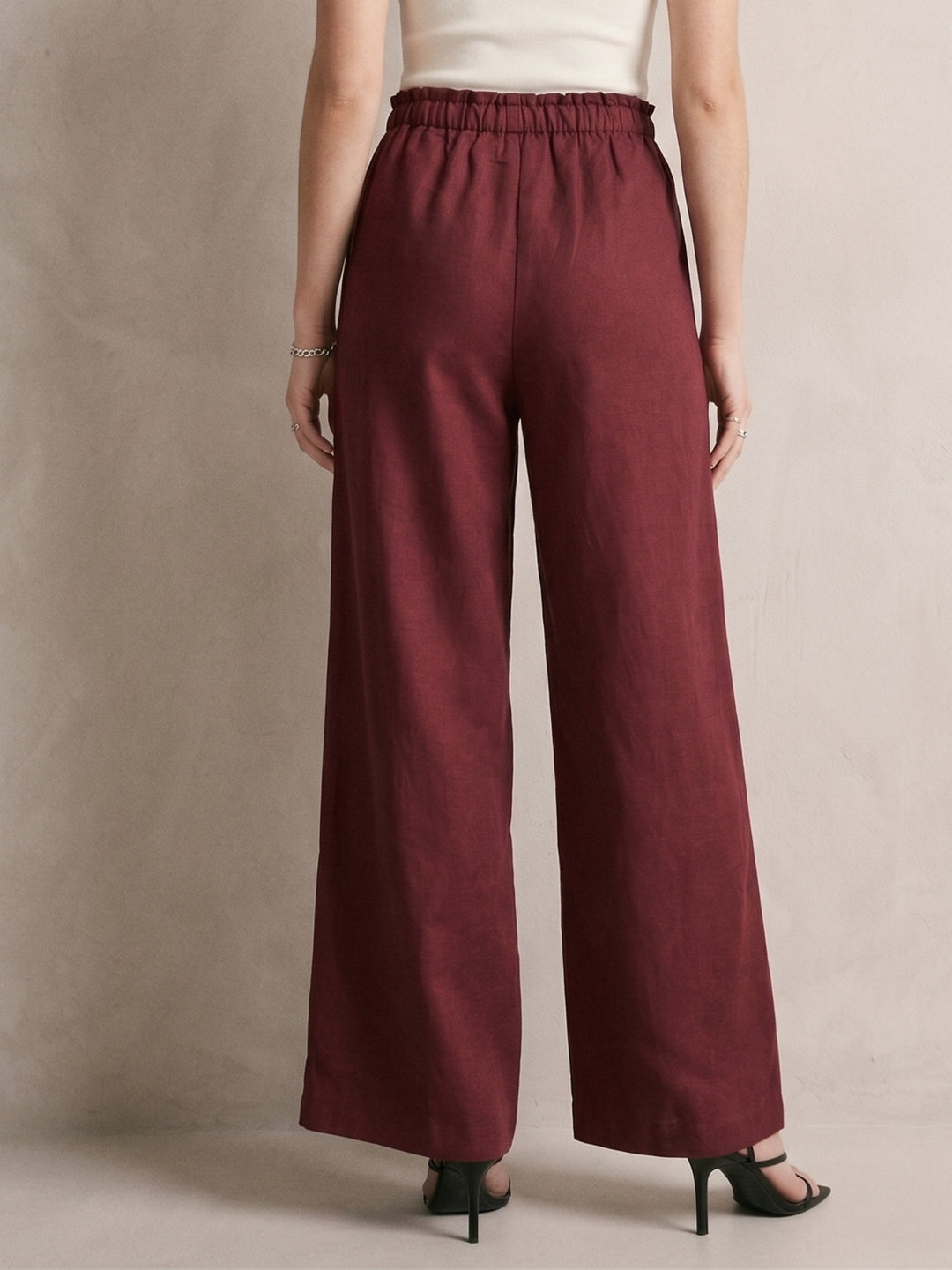 Wine Highwaist Paperbag Wide Leg Trouser With Drawstring Detail