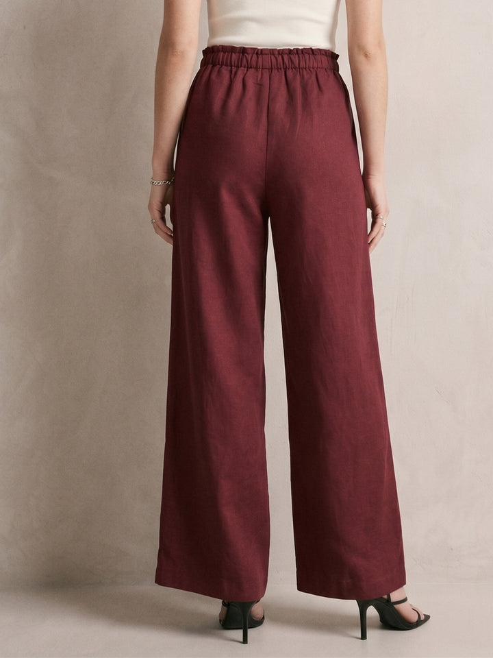 Wine Highwaist Paperbag Wide Leg Trouser With Drawstring Detail