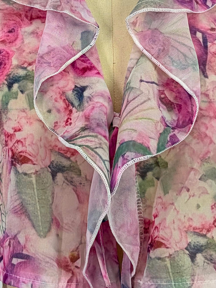 Purple Printed Ruffled Front Tie Up Top With Flared Sleeves